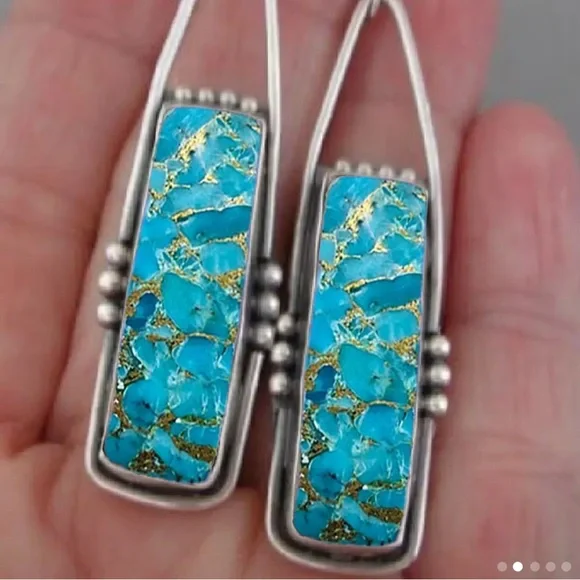 Silver and Blue Rectangular Dangle Earrings - Picture 2 of 3